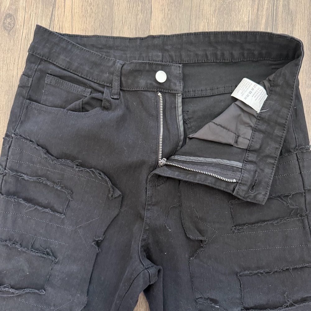 Women’s Black Denim Stacked Jeans Black Distressed Straight Leg Mid Rise Y2K M - Picture 16 of 17